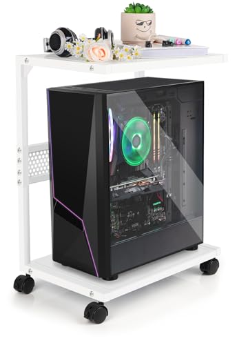 Bfttlity PC Stand Computer Tower Stand 2-Tier Metal CPU Holder with Locking Caster Wheels Suitable for Most PC (S, White) - size: Small-White