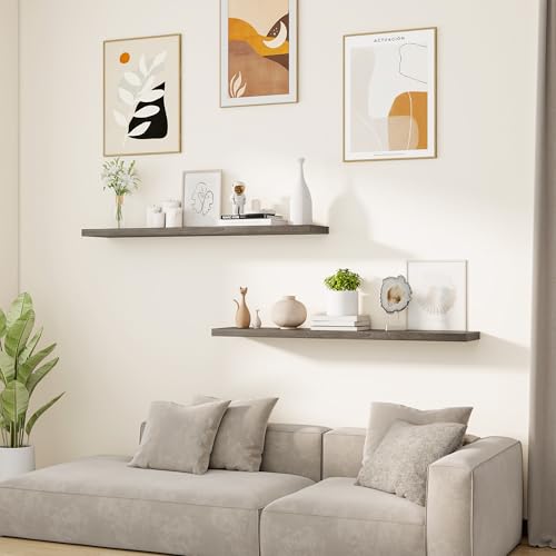 Vivelove Flat Edge Elm Wood Floating Shelf with Invisible Bracket 48”Grey - color: Grey, size: 48”,set of 1