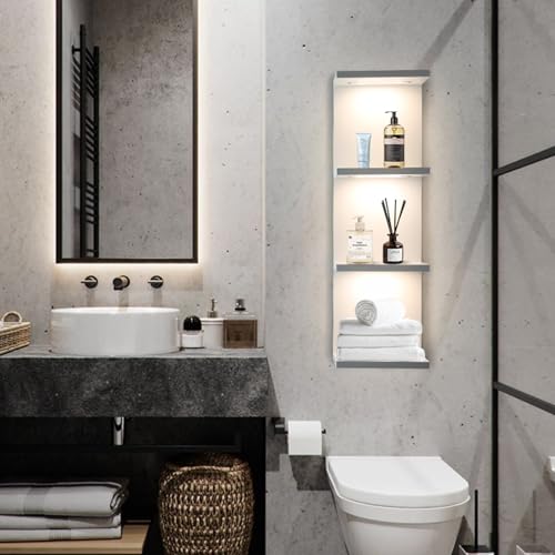 4 Tier LED Wall Shelf - Modern Floating Shelves for Makeup Vanity, Bedroom, Living Room | Easy Install Cosmetic & Display Lack Shelf, White - color: 4l-white