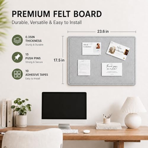 Felt Bulletin Board for Wall 24" x 18" Unfolded Size, Small Frameless Felt Pin Board, Soft Cork Board Alternative for Office, Home Planning, Notes, Photos & Wall Decor, Foldable Shipping, Easy Install - color: Light Grey, size: 18" x 24"
