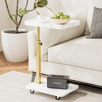 TV Tray Table, Adjustable Dinner Trays for Eating Table,360° Swivel& Sofa Armrest End Side Couch Snack Table for Sofa, Bedroom, Living Room, C Shaped End Table that Slide Under(White+Gold) - color: White Marble+gold