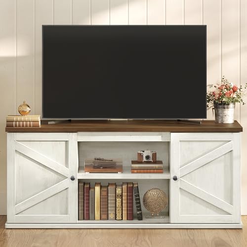 VASAGLE Farmhouse TV Stand for TVs up to 65 Inches, Entertainment Center with Storage Cabinets and Sliding Barn Doors, Media Console Table for Living Room, Rustic White and Honey Brown ULTV535W01 - color: Rustic White + Honey Brown, size: 58"L, style: TV
