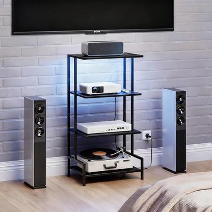 Arbuxzuy 4-Tier AV Media Stand with Power Outlet and LED Lights,Wooden Stereo Stand Cabinet,Game Console Shelf for Small Space,Audio Rack Stand Tower Ideal for Video DVD Players,Xbox - color: Black