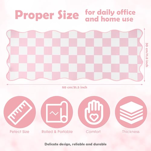 Copkim 1 Pcs Pink Scalloped Checkered Desk Mat 31.5 x 11.8 Inch Large Cute Mouse Pad Computer Mat Non Slip Waterproof Rubber Base with Border Stitching Soft Keyboard Pad for Home Office Gaming Makeup - color: Pink, style: Checkered