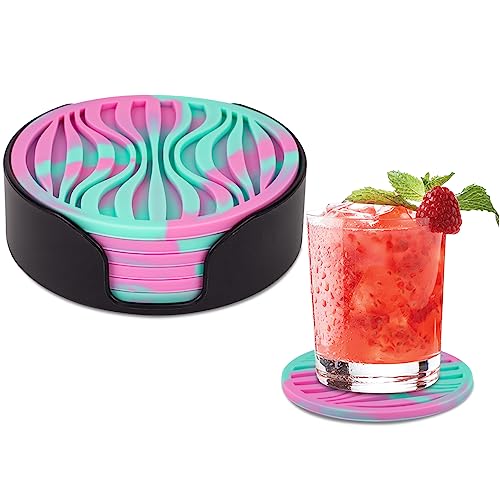 6 Pack Rubber Drink Coasters Plastic Coaster with Holder, Silicone Cup Mat | Coasters for Drinks Non-Stick Outdoor Plastic Coasters Set Thickened Hot- Cold Drink Fits Any Cups Table Rubber Glass Coaster - color: Green Pink-plastic Holder