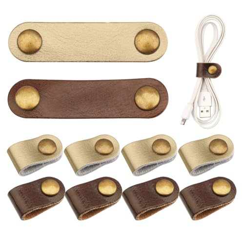 10 Pcs Cord Organizer, Portable Leather Cable Cord Stocking Stuffers for Men USB Straps Earphone Winder with Leather Handmade (Brown/white) - color: Brown&white