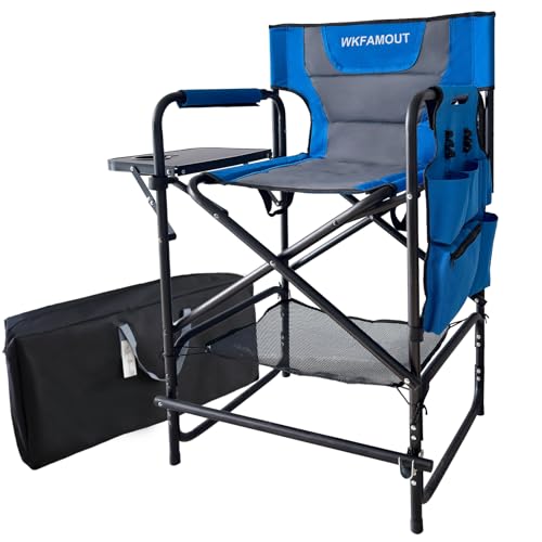 Tall Folding Directors Chair with Side Table 26.77" Seat Height Foldable Camping Chair Bar Stool for Makeup Artist Face Painting with Footrest and Storage Pocket Supports 350LBS - color: Blue, size: 26.77" Seat Height