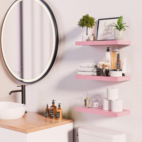BAYKA Pink Floating Shelves for Wall Set of 3, 15.7in Wood Wall Shelves for Bathroom, Bedroom, Living Room Decor Organize, Hanging Shelf for Books/Storage/Display with 22lbs Capacity - color: D. Pink - Romantic & Sweet Style, size: 15.7inches