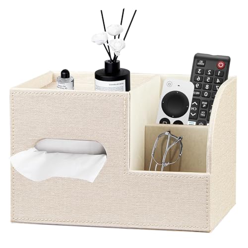 PU Leather Tissue Box Cover Square,Tissue Box Holder Organizer with Storage Tray and Remote Control Holder for Bathroom Countertop Night Stands Bedroom Office Desk,Napkin Caddy Decorative Black - color: Beige
