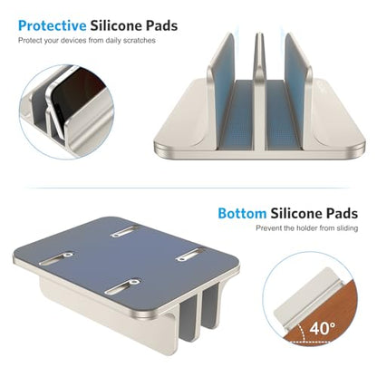 OMOTON Vertical Laptop Stand [Updated Double Version], Desktop Aluminum Mac Book Stand with Adjustable Dock Size, Fits All Mac Book, Surface, Chrome Book and Gaming Laptops (Up to 17.3") (Starlight) - color: Starlight
