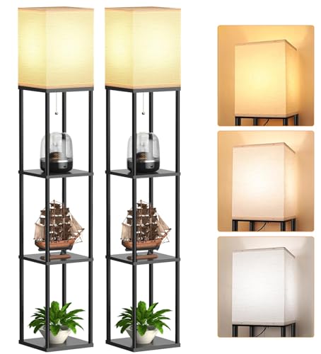 Floor Lamp with Shelves for Living Room 2 Pack, Shelf Floor Lamp with 3 CCT LED Bulb, Corner Display Standing Column Lamp Etagere Organizer Tower Nightstand with White Linen Shade for Bedroom, Office - color: Black