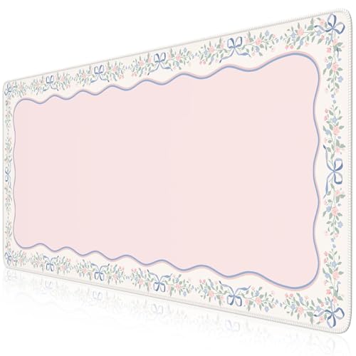 HAOCOO Cute Girly Computer Mat, Pink Bow XXL Mouse Pad for Gaming & Office, Non-Slip Waterproof Desk Matt for Desktop, Aesthetic Home Desk Accessories, Desk Pad Protector with Stitched Edges - color: D-ribbon, size: 35.4" x 15.7"