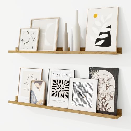 RICHFOCUS Picture Ledge Shelf, 36 inch Floating Shelves Set of 2, Wood Wall Shelves with Lip, Wall Decor Storage for Bedroom Living Room Bathroom Kitchen Nursery Photo Picture, Oak - color: Oak, size: 36 Inch, set of 2