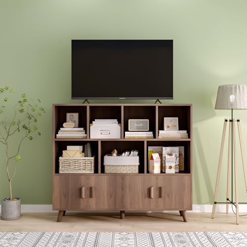 OSCHF Cubby Shelf Bookcase with Doors - Wooden 11 Cube Floor Standing Open Bookshelf with Solid Wood Legs, 3-Tier Storage Cabinet, Walnut - color: Walnut