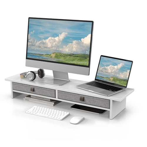 Fenge Monitor Stand with Drawer, 2 Tiers Dual Monitor Riser for Desk, 35 Inch Computer Stand for 2 Monitors, Desk Shelf for Home, Office, Laptop, PC, TV, Printer - color: White