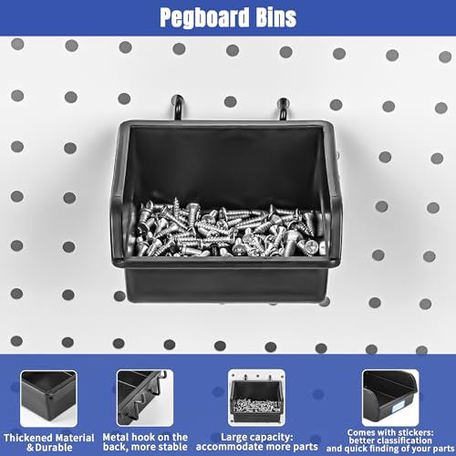 196 PCS Extra Thick 1/4" Pegboard Hooks Set, Heavy Duty Peg Board for Hanging Storage, Black Metal Pegboard Accessories with Pegboard Bins for Garage Wall Organizer - size: 196PCS