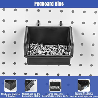 196 PCS Extra Thick 1/4" Pegboard Hooks Set, Heavy Duty Peg Board for Hanging Storage, Black Metal Pegboard Accessories with Pegboard Bins for Garage Wall Organizer - size: 196PCS
