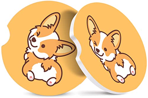 Car Coaster for Cup Holders, 2 Pack Absorbent Ceramic Car Cup Holder Coaster for Drinks, Cute Car Assecories for Women&Men, 2.56" Universal Size with Finger Notch & Cork Base - color: Cute Corgi