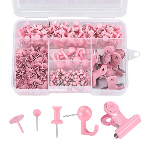 310 Pcs Push Pins Set, Pink Thumb Tacks Decorative Push Pins for Cork Board with Hook Pushpin Clip 5 Style Office Accessories for Cork Board Map Office (Pink) - color: Pink
