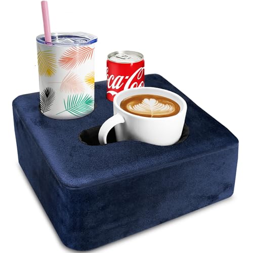 Couch Cup Holder Pillow Tray & Caddy - for Sofa, Bed, Car, Man Cave | Keep Drinks at Hand & Spill-Proof Accessories for New Parents, Camping, Park, Boat, Beach - Navy Blue - color: Navy Blue, size: 9.4" x 9.4" x 3.9"