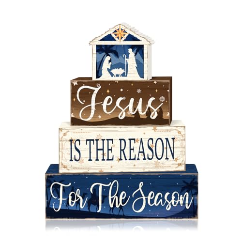 Britimes 4 Pcs Christmas Wooden Tiered Tray Decor Set, Nativity Scene Jesus Table Decor Rustic Farmhouse Holiday Wooden Coffee Table Centerpieces for Home Kitchen Office Decorations - style: Jesus Religious