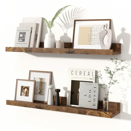 Fun Memories Picture Ledge Shelves Set of 2, 24 Inch Rustic Wall Mounted Floating Shelves with Lip for Home Storage and Décor in Bathroom, Kitchen, Nursery, Bedroom, Living Room, Brown - color: Brown, size: 24 inch, Set of 2