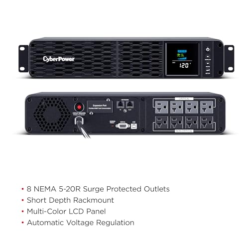 CyberPower CP2000PFCRM2U PFC Sinewave UPS Battery Backup, 2000VA/1200W, 8 Outlets, AVR, Short Depth 2U Rackmount, UL Certified - size: 2000VA, style: Rackmount 2U
