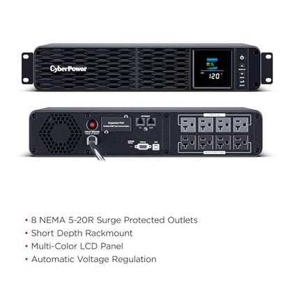 CyberPower CP2000PFCRM2U PFC Sinewave UPS Battery Backup, 2000VA/1200W, 8 Outlets, AVR, Short Depth 2U Rackmount, UL Certified - size: 2000VA, style: Rackmount 2U