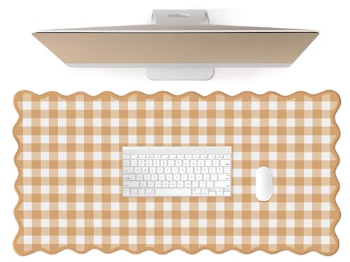 Scalloped‌ Orange Checkered Gingham Desk Mat Cute Pastel Large Mouse Pad Kawaii Cottagecore ‌Vintage‌ Rustic Keyboard Pad Computer Mat for Desktop Aesthetic Cozy Office Desk Decor - color: A7-orange