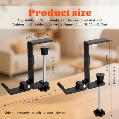 Desk Bag Hook - Bag Hanger for Table with Adjustable Arm Clamp - Aluminum Under Desk Handbag Hanger - Clamp Hook for Purse, Bag, Headphone,Fold/Black,2 pcs (White)
