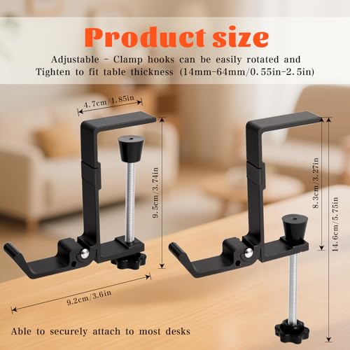 Desk Bag Hook - Bag Hanger for Table with Adjustable Arm Clamp - Aluminum Under Desk Handbag Hanger - Clamp Hook for Purse, Bag, Headphone,Fold/Black,2 pcs (White)