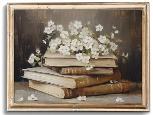 uniro Vintage Wall Art Prints Meadow Books and Flowers Canvas Oil Painting, Antique Cottage Artwork Light Academia Decor for Bedroom Bathroom Decor (8" x 10"-UNFRAMED) - color: Books and Flowers
