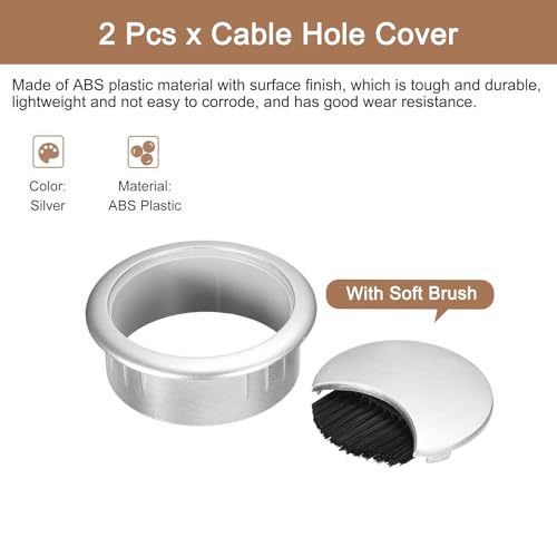 uxcell 2Pcs Cable Hole Cover, 2-3/8 Inch(60mm) ABS Desk Cable Wire Cord Grommet Hole Cover for Office Computer Desk Wire Organizer, Silver