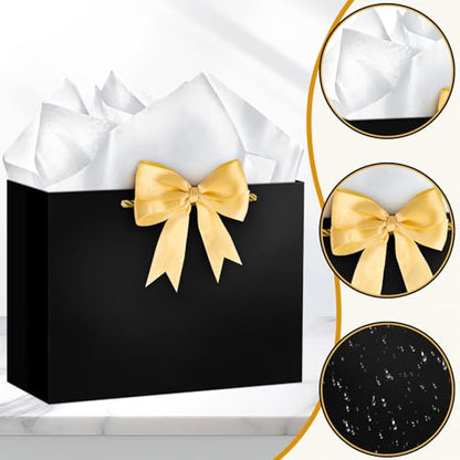 Hooqict Gift Bag Black Birthday Gift Bags with Handles, 1 Ribbon, 4 Tissue Paper, 2 Greeting Cards for Men Women Birthday Presents Wedding Retirement Christmas Gifts Fathers Day - color: Black