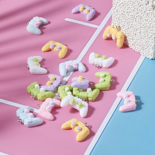 Cheriswelry 24Pcs Game Controller Charms Key Ring Pendant Charms Video Game Resin Charm 18mm 6 Colors for DIY Craft Earring Necklace Jewelry Making