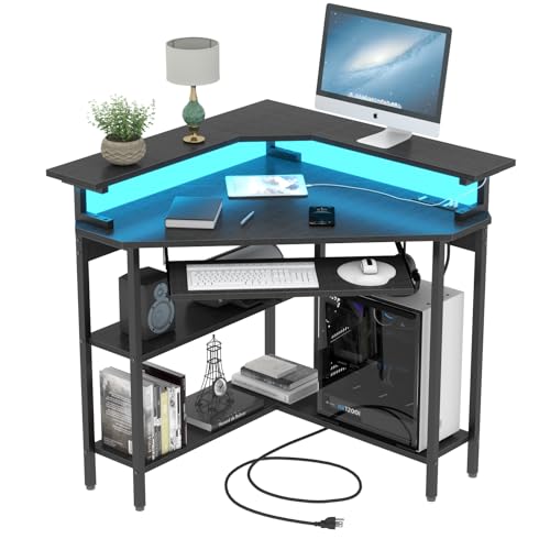Auromie Corner Desk with Charging Station & LED Light, Triangle Corner Desk with Monitor Stand & Keyboard Tray for Small Space, Gaming Computer Desk with Storage Shelves for Home Office (Black) - color: Black Plus