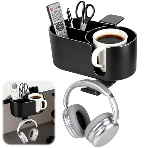 4 in 1 Desk Cup Holder Clamp on Under Desk Headphone Detachable Pen Cup Holder Hanger Caddy Organizer for Office Table, Lawn Chair, Pontoon Boat