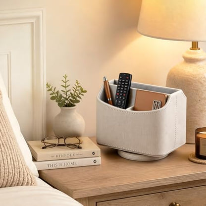 PUSU Leather 360°Rotatable Remote Control Holder,Nightstand TV Remote Caddy,Office Supplies Desktop Organizer,Spinning Storage Box for Pen,Mail,Phone,DVD, Blu-Ray, Media Player, Heater Controllers - color: A Elegant Beige