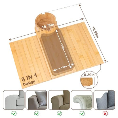 Couch Cup Holder Tray for Armrests Over 4.9" Wide, Bamboo Couch Arm Tray with 360° Rotating Phone Stand, 3 in 1 Foldable Sofa Arm Tray Table for Remote, Snacks, Phone, Drinks Natural - color: Natural Colors+bamboo