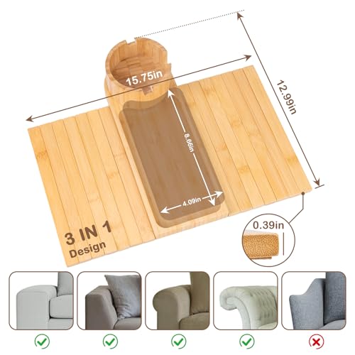 Couch Cup Holder Tray for Armrests Over 4.9" Wide, Bamboo Couch Arm Tray with 360° Rotating Phone Stand, 3 in 1 Foldable Sofa Arm Tray Table for Remote, Snacks, Phone, Drinks Natural - color: Natural Colors+bamboo