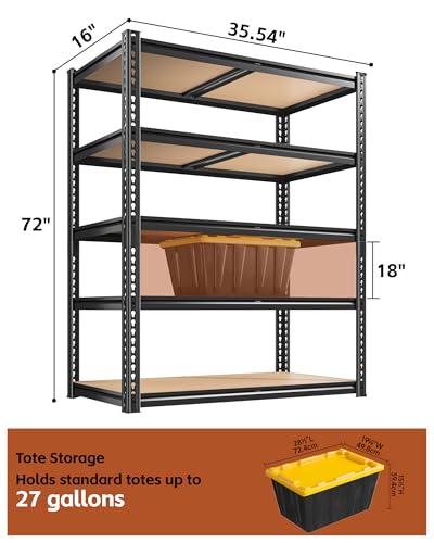 CypBed Storage Shelves Heavy Duty Garage Shelving Unit Adjustable 2000LBS Metal Shelving 5 Tier Garage Storage Rack, Shelf for Basement/Warehouse/Pantry/Closet/Kitchen 35.54" W x 16" D x 72" H, Black - size: 72" H x 35.6" W x 16"D