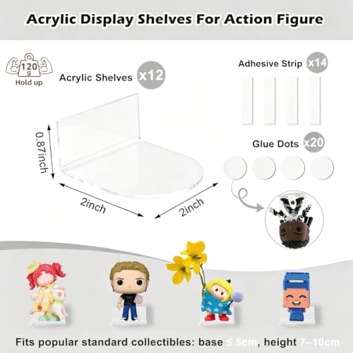 12PC Small Acrylic Wall Shelves – 2" Clear Floating Display Stand for Funko Pop, Action & Vinyl Figures, Ideal for Bedroom Living Room Office Decor - style: Adhesive-12PC