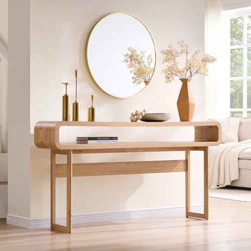 IFGET 63-Inch Long Console Table, 31.5" Tall Modern Entryway Table with Open Storage Shelf, Curved Profile Design, Narrow Wood Sofa Table Behind Couch Table for Living Room, Hallway,Foyer, Natural Oak - color: Natural Oak