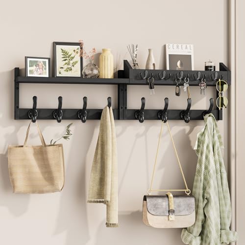 Evermagin 35" Coat Rack Wall Mount with Shelf, 4 in 1 Wall Mounted Coat and Key Hanger with 13 Hooks, Entryway Key Holder with Mail Holder for Living Room, Bedroom, Black - color: Black, size: 35 inch