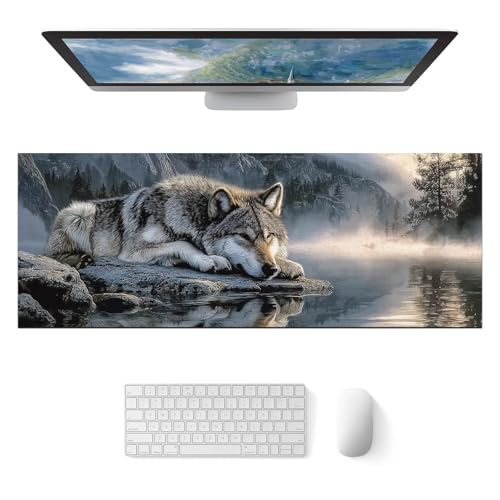 HOMETITUTE XL Mouse Pad Wolf Lake Nature Art Gaming Mousepad 31.5x11.8 Inch Non-Slip Keyboard Desktop Protector Mat Diatomite Large Mouse Pad for Home and Office Desk Accessories - color: Wolf Lake Nature Art