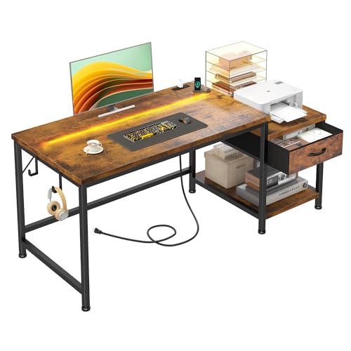 48.1''Gaming Computer Desk with A Reversible Printer Shelf, Built-in Power Outlets & LED Lights, Desk with Drawer and Headphone Hook for Gaming,Craft Working and Studying in Bedroom, Dorm,Rustic Brown - color: Brown, size: 48inch
