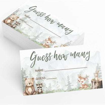 Printed Party Baby Shower Games – Woodland Adventure Candy Jar Guessing Game, Forest Animal Theme, 30 Guess How Many Cards & Matching Display Sign - color: Woodland Adventure