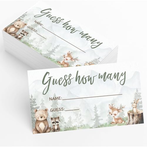 Printed Party Baby Shower Games – Woodland Adventure Candy Jar Guessing Game, Forest Animal Theme, 30 Guess How Many Cards & Matching Display Sign - color: Woodland Adventure