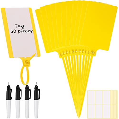 Pajean 50 Pieces Waterproof Plastic Tags with Marker Pens and Sticker Labels, Self Locking Bag Writable Tags with Wire Cable Ties for Luggage (Yellow) - color: Yellow
