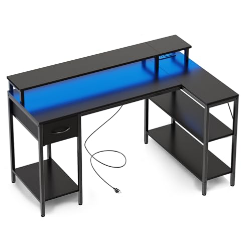 Simple Deluxe 53-inch L-Shaped Gaming Desk with LED Lights & Power Outlets, Reversible Corner Computer Desk with Monitor Riser, Drawer & Shelves, for Home Office, Black - color: Black, size: 53 inch